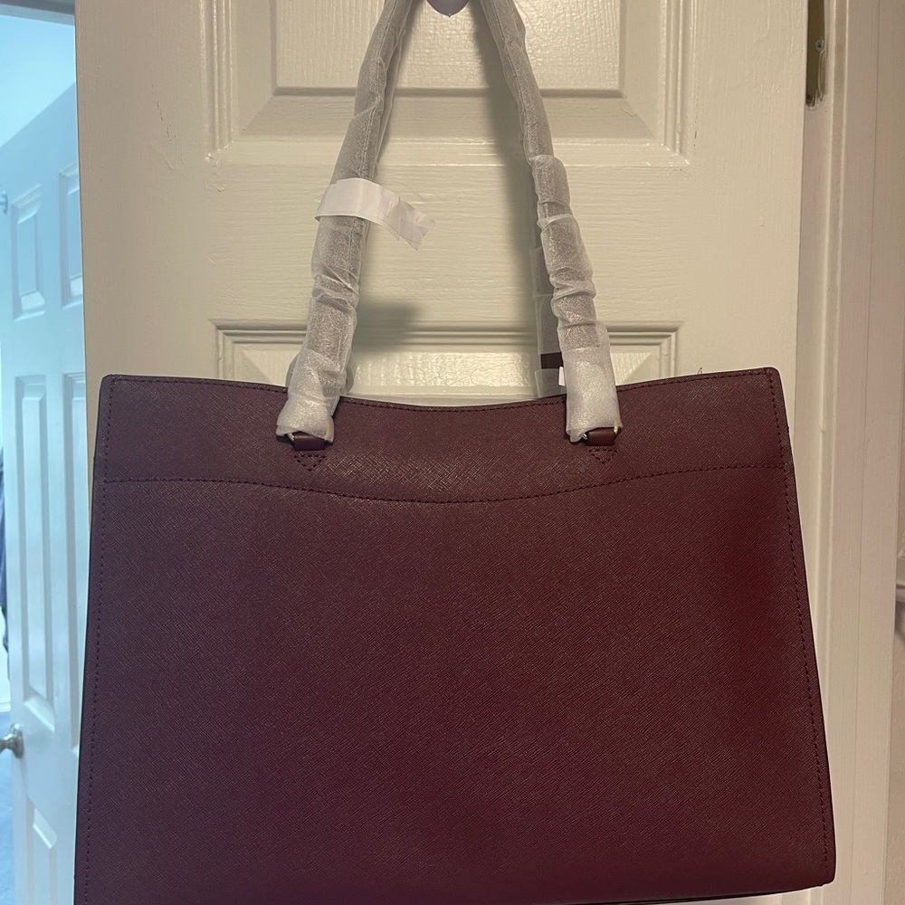 Michael Kors Wine Saffiano Leather Tote with Gold MK Charm - Picture 3 of 6